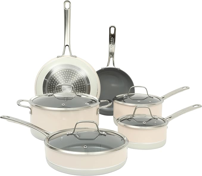 Sur La Table Kitchen Essentials Viva La Cantina 10 Piece PFA Free Titanium Ceramic Nonstick Interior Forged Aluminum Cookware Pots and Pans Set - 2 Tone White & Silver - Induction Compatible