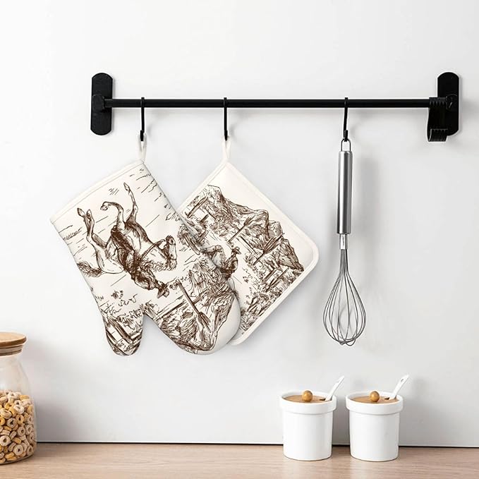 Western Cowboy Oven Mitts and Pot Holders 4 pcs Set Silicone West Cowboy Riding Horse in Desert Kitchen Oven Mitt Gloves Cowboy Pot Holders Non-Slip Heat Resistant Cooking Mitts Set, Beige