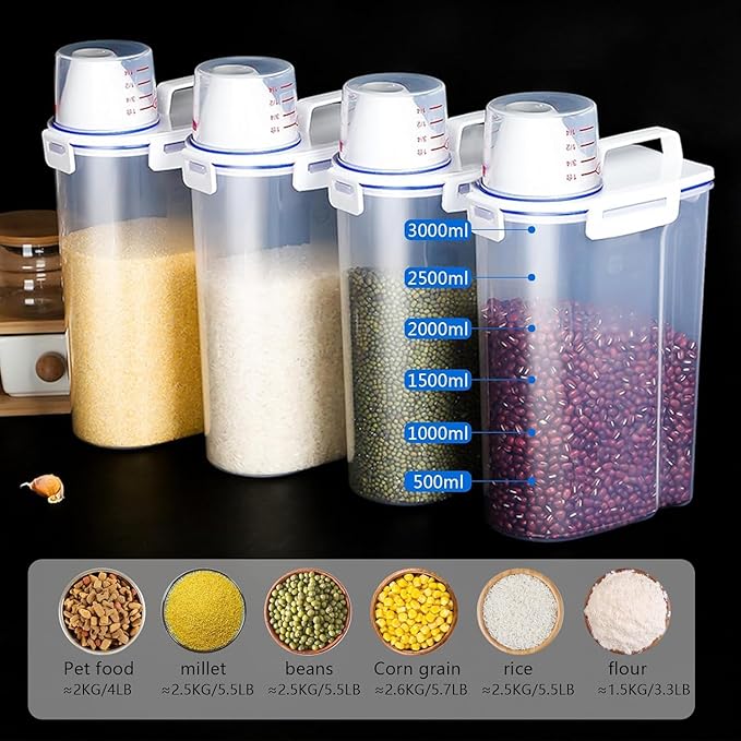 5.5 Lbs Rice Airtight Dry Food Storage Container Set of 4, Rice Storage Bin Cereal Containers Dispenser, Thicken Plastic Clear Food Storage Box with Pouring Spout, Measring Cup for Grain, Flour Snacks