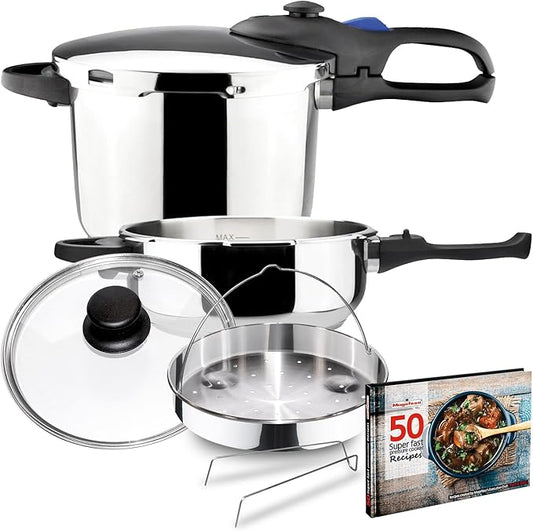 MAGEFESA Favorit Six Fast-Cooking Pressure Cooker Set, 3.2 Qt & 6.3 Qt, Stainless Steel, Induction Compatible, Heat Diffuser Base, 5 Safety Systems – Special Edition (Steam Basket, Lid & Recipe Book)