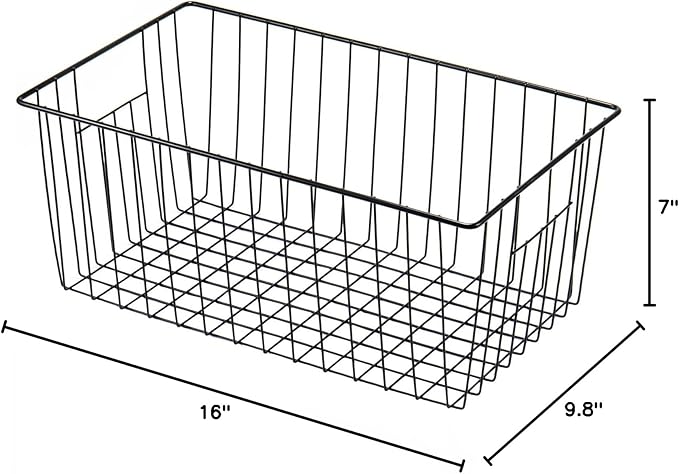 16inch Freezer Storage Organizer Baskets, Refrigerator Metal Wire Basket Bins with Handles for Kitchen, Pantry, Cabinet, Closets(Black, 3Pack)