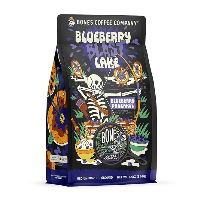Bones Coffee Company Blueberry Blast Cake, Blueberry Pancakes Flavored Coffee, Medium Roast Low Acid Arabica Beans Compatible with Auto drip and French Press Coffee Maker, 12 Oz Ground