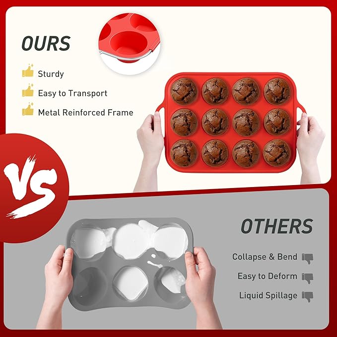 2 Packs 12 Cups Silicone Muffin Pan with Metal Reinforced Frame Regular Size Cupcake Pan Tray Silicone Molds Muffin Tin Tart Pans Moldes Para Gelatinas De Figuras Grandes Individuales Hornear Pasteles
