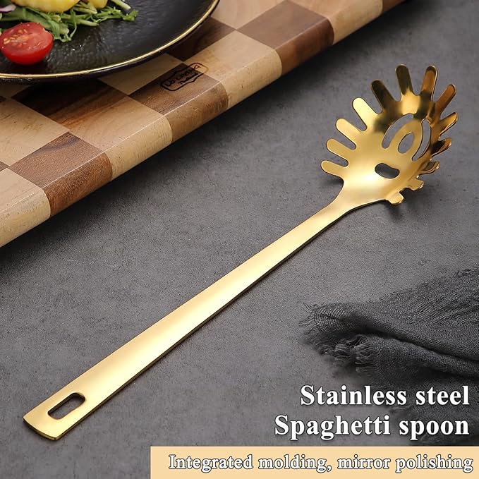 Gold Spaghetti Spoon, ReaNea Pasta Server, Stainless Steel Pasta Spoon with Teeth, One-Piece Metal Pasta Fork, Noddle Fork Gold Kitchen Accessories Utensils, Heat Resistant, Dishwasher Safe