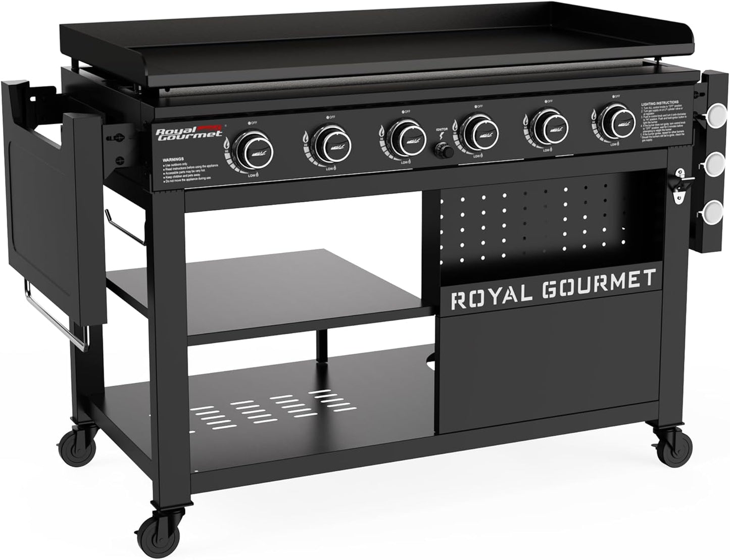 Royal Gourmet GB6000 6 Burner Propane Gas Griddle with Folding Side Tables, 44-Inch Flat Top Grill with Double-Layer Bottom Shelves for Outdoor Party or Backyard Barbecue, Black