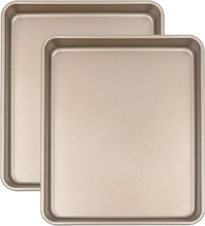 Toaster Oven Pans Set of 2, Shinsin 11-Inch Nonstick Baking Sheet Pans and Trays, 1/8 Thicker Replacement Small Baking Tray Accessories for Cookie, Non Toxic and Easy Clean and Diswasher Safe, Gold