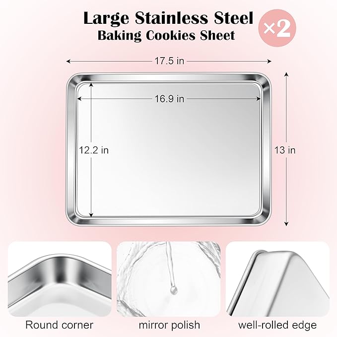 E-far Cookie Sheets for Baking, 18”x13” Stainless Steel Baking Sheet Pans for Oven, Large Non Toxic Metal Baking Tray for Baking Roasting, Healthy & Rust Free, Mirror Finish & Dishwasher Safe, 2 Pack