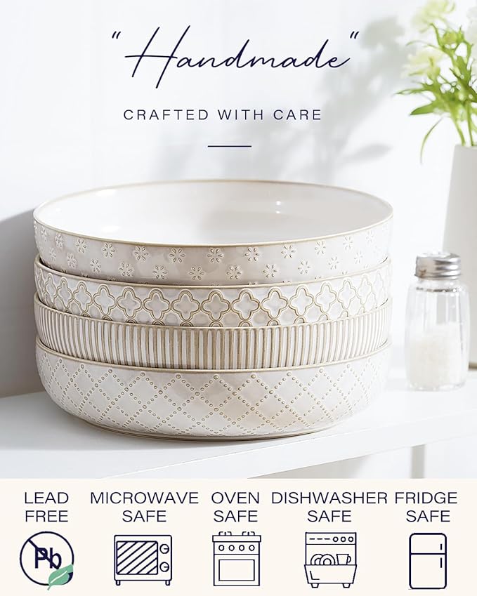 getstar Pasta Bowls, Large Salad Serving Bowls (8.2 inch/35 oz), Ceramic Bowl Plates Set of 4, Farmhouse Embossments, Microwave and Dishwasher Safe