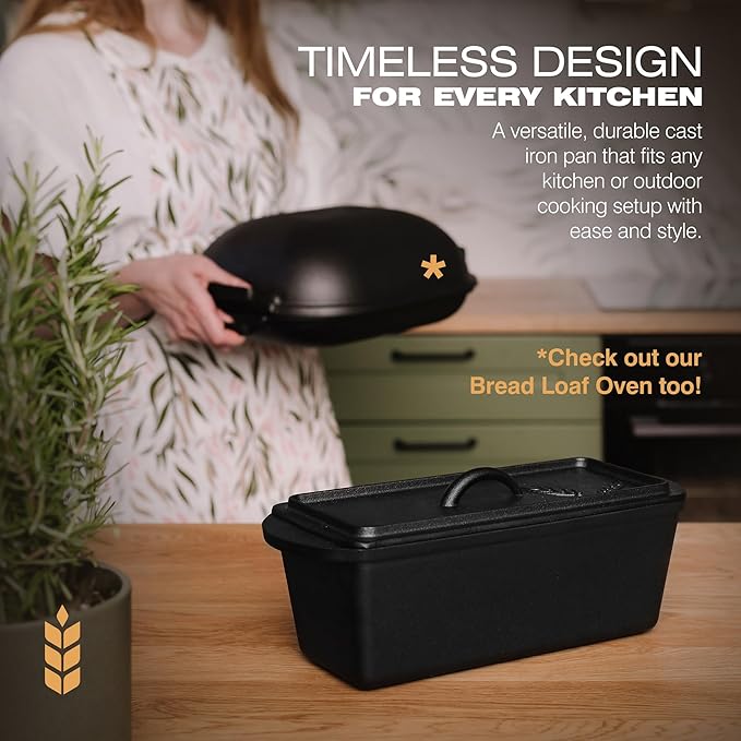 KUHA Cast Iron Bread Loaf Pan with Lid + Heat Resistant Gloves - Pre-Seasoned Cast Iron Bread Pan with Handles - Oven-safe bread pans for homemade bread - Ideal Loaf Pans for Campfire or Home Kitchen