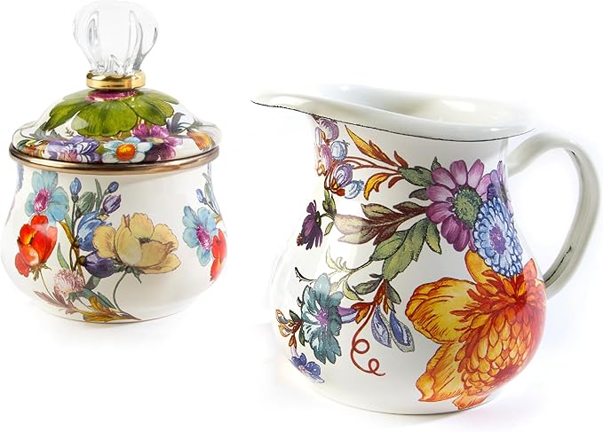 MACKENZIE-CHILDS Enamel Creamer and Sugar-Bowl Set, Cream Dispenser and Sugar Holder, Unique Kitchen Decor, White Flower Market