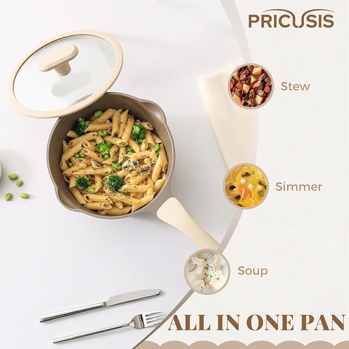 Nonstick Saucepan with Lid, 2 Quart Sauce Pan, Healthy Sauce Pot with Pour Spouts for Multipurpose Use, PTFE, PFOA Free, Induction Compatible, Apricot