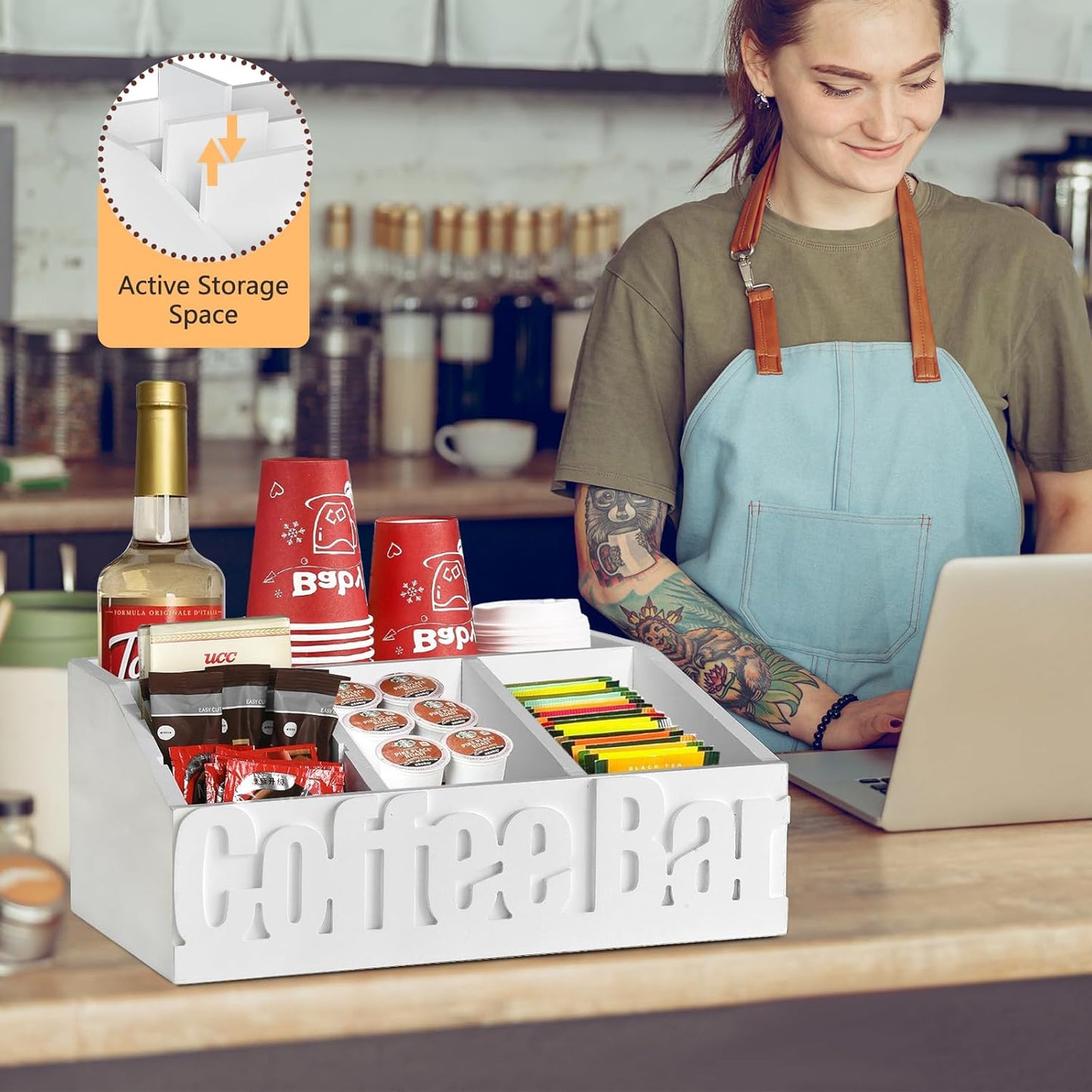 Coffee Bar Organizer for Accessories, Wood Station for Countertop, Farmhouse Pod Holders, White Condiment Organizer for Decor