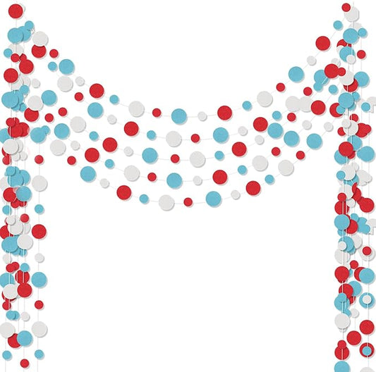 Outus 5 Pieces Colorful Dots Paper Garland Round Glitter Garland Hanging Confetti Streamers Backdrop Decoration for Birthday Classroom Candy Sprinkles Trunk or Treat Party (Light Blue,White,Red)