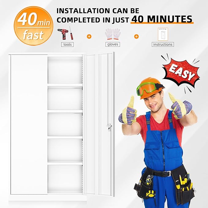 INTERGREAT Storage Cabinet, 72” Steel Locking Closet with Doors and 4 Adjustable Shelves, Tool Unit for Home Office, Garage & Tall Lockable File Cabinet, White.