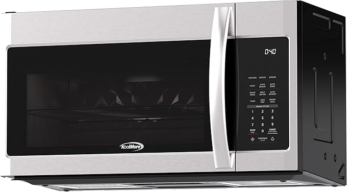 KoolMore KM-MOT-2SS Range Microwave Oven Lamp and 300CFM Recirculation Vent Hood, Auto Cook Menus, Reheat Function, 11 Power Levels, Timer, and Weight Defrost, 30 in/1.9 Cu. Ft, Silver