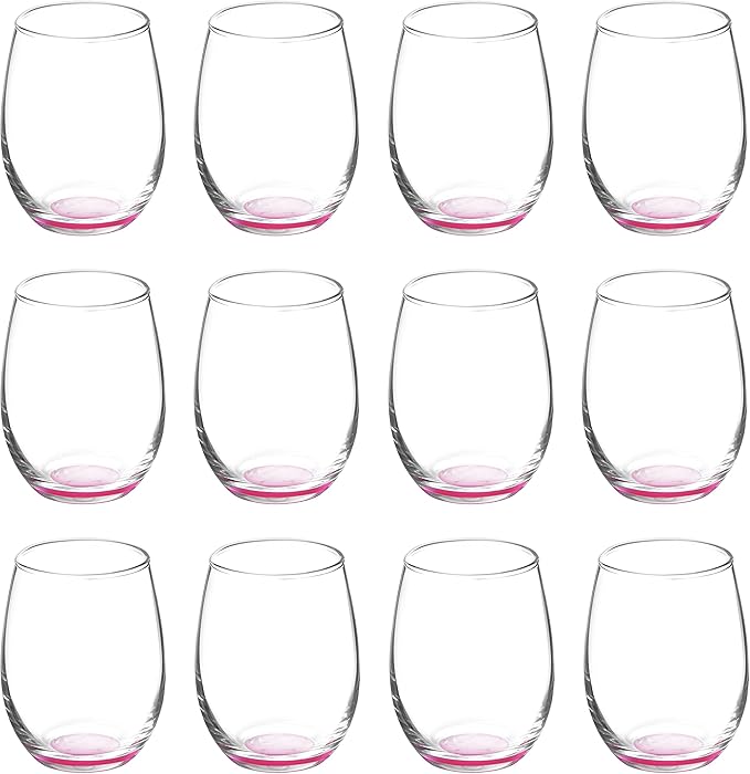 DISCOUNT PROMOS Stemless Wine Glasses by ARC 5.5 oz. Set of 12, Bulk Pack - Perfect for Hotel, Bar, Restaurant or Lounge - Pink