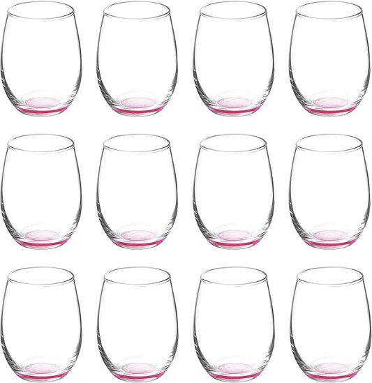 DISCOUNT PROMOS Stemless Wine Glasses by ARC 5.5 oz. Set of 12, Bulk Pack - Perfect for Hotel, Bar, Restaurant or Lounge - Pink