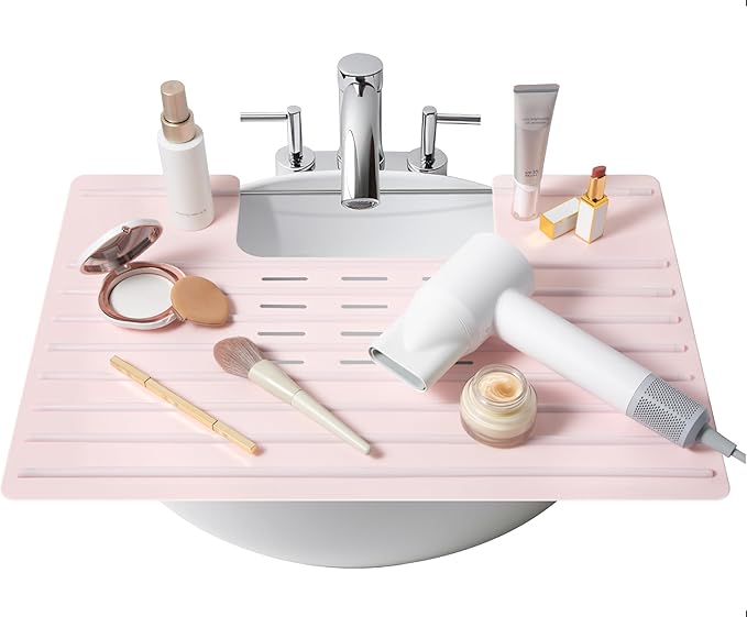 Bathroom Sink Cover for Counter Space, Heat Resistant Silicone Mat & Makeup Mat for Your Beauty Routine, Small Bathroom Space Saver Sink Cover for Makeup (Rose Pink, 22 x 2 x 2 Inches)