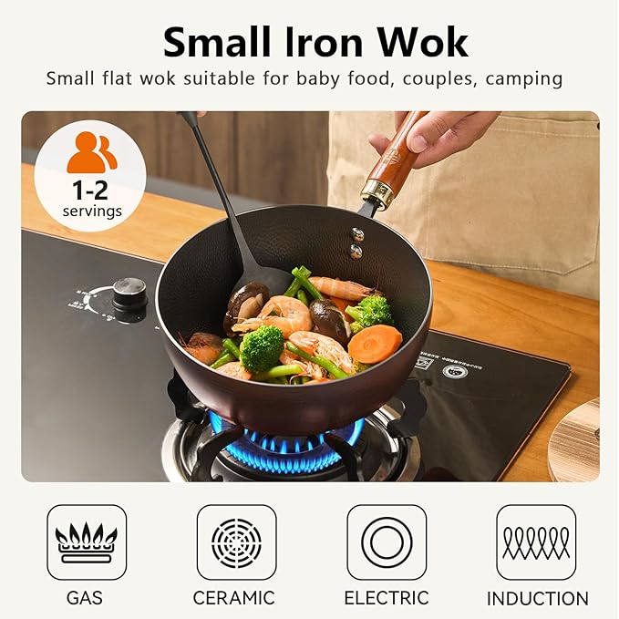 WANGYUANJI Iron Wok 8.7 Inch Deep Frying Skillet with Wooden Lid – Versatile Flat Bottom Stir-Fry Pan, Chemical-Free & Induction Compatible, Ideal Wrought Iron Small Wok for Home, Chef & Pro Use