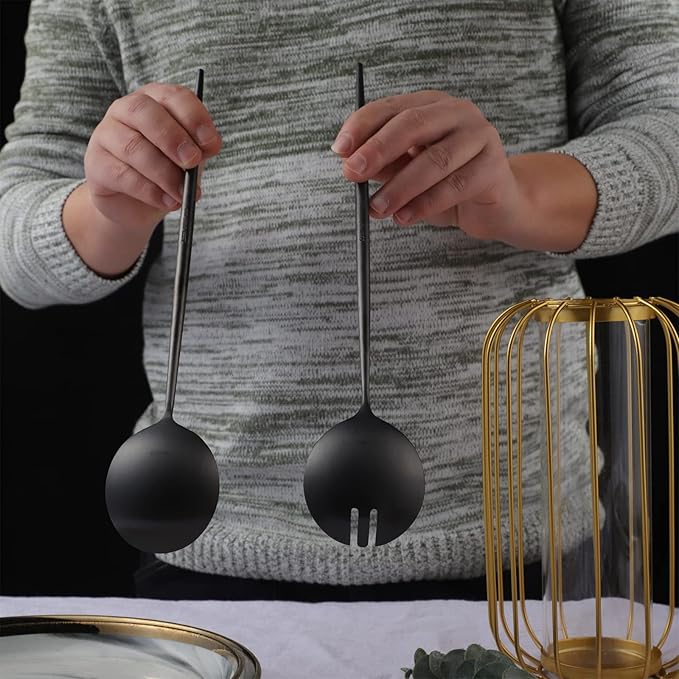 Salad Servers,Spoon and Fork Set 11.41 inch,18/10 Stainless Steel Salad Serving Titanium Plating (Black)