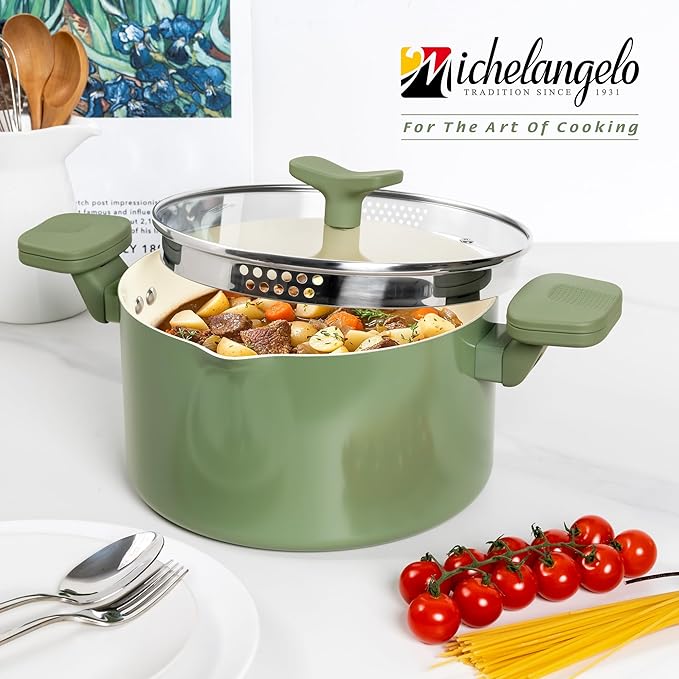 MICHELANGELO Pasta Pot with Strainer Lid - 6 Quart Cooking Pot with Lid, Non Stick Spaghetti Pot Ceramic Coated with Twist and Lock Handles for Easy Draining, Induction Compatible, Roden Green