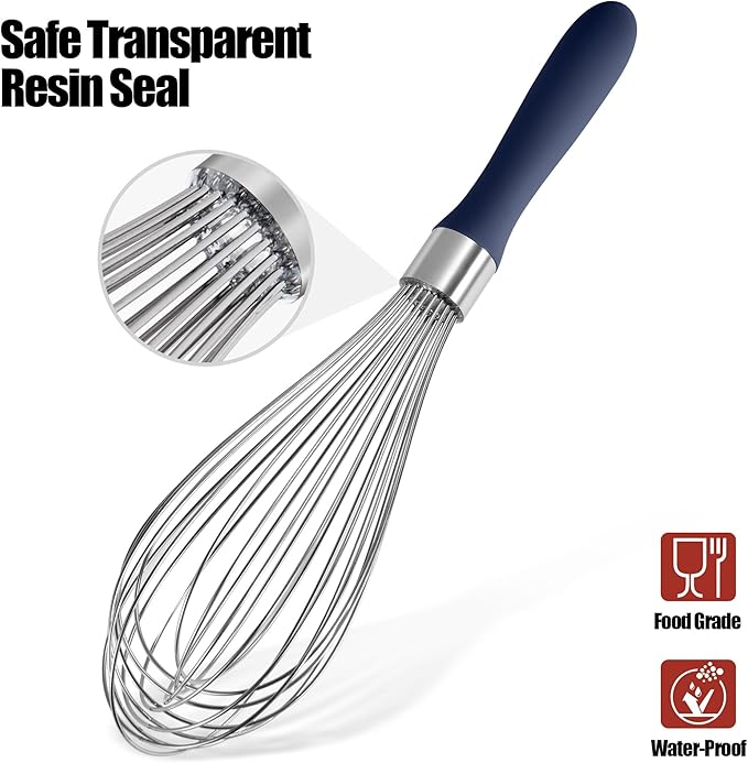 18/8 Stainless Steel Balloon Whisk, Doosu Kitchen Whisk for Cooking Handheld Egg Beater with Rust-Proof Sturdy Wires & Non-Slip Silicone Handle for Beating, Stirring, Blending (12 Wires, Navy Blue)