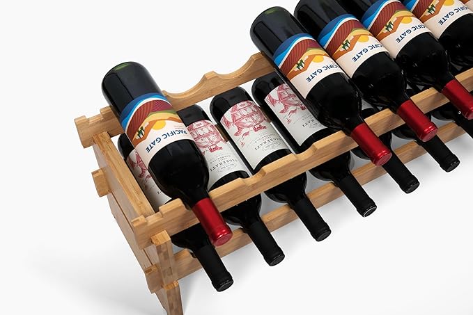 Stackable Bamboo Wine Rack for 72 Bottle, 8-Tier and Sturdy, Free Standing, Modular Wine Storage, Wine Bottle Storage for Cellar, Kitchen and Dining Room (18 Bottle)