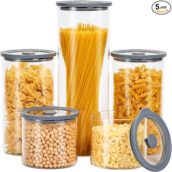 Glass Food Storage Jars with Lids[Set of 5], Perfect for Pasta, Cookies, Nuts, Coffee, Cereal, Flour, and More, Organize Your Kitchen with these BPA-Free Glass Jars with Silicone Lids