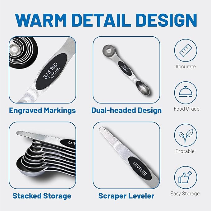 19 Pieces Measuring Cups and Spoons set, Includes 10 Stackable Measuring Cup with Lid and 9 Magnetic Measuring Spoons, Tablespoon for Liquid and Dry, BPA Free, Dishwasher Safe (Black)