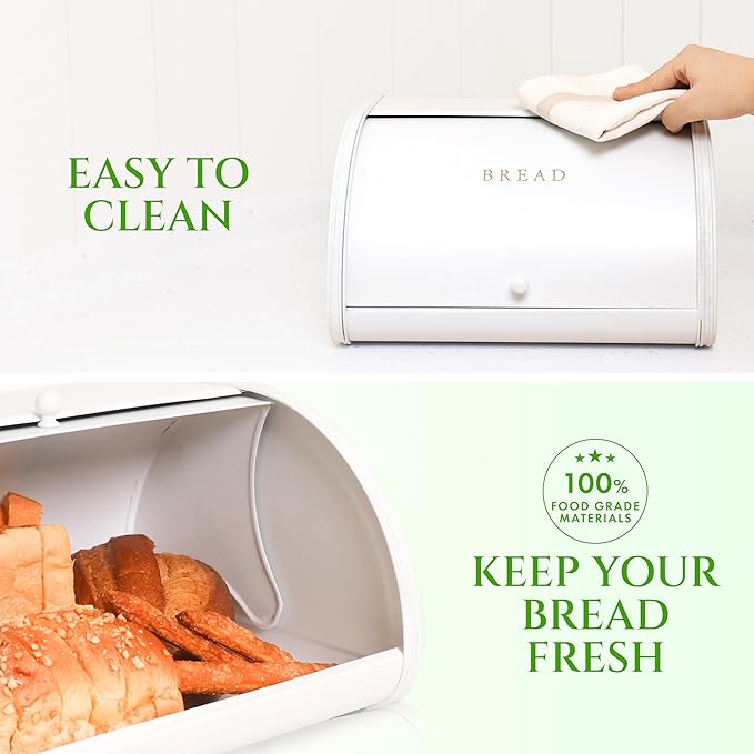 Modern Metal White Bread Box for Kitchen Countertop for Homemade Loaf Sourdough, Roll Top Breadbox for Kitchen Countertop Storage Container Bin, Farmhouse Stainless Steel Bread Keeper for Counters