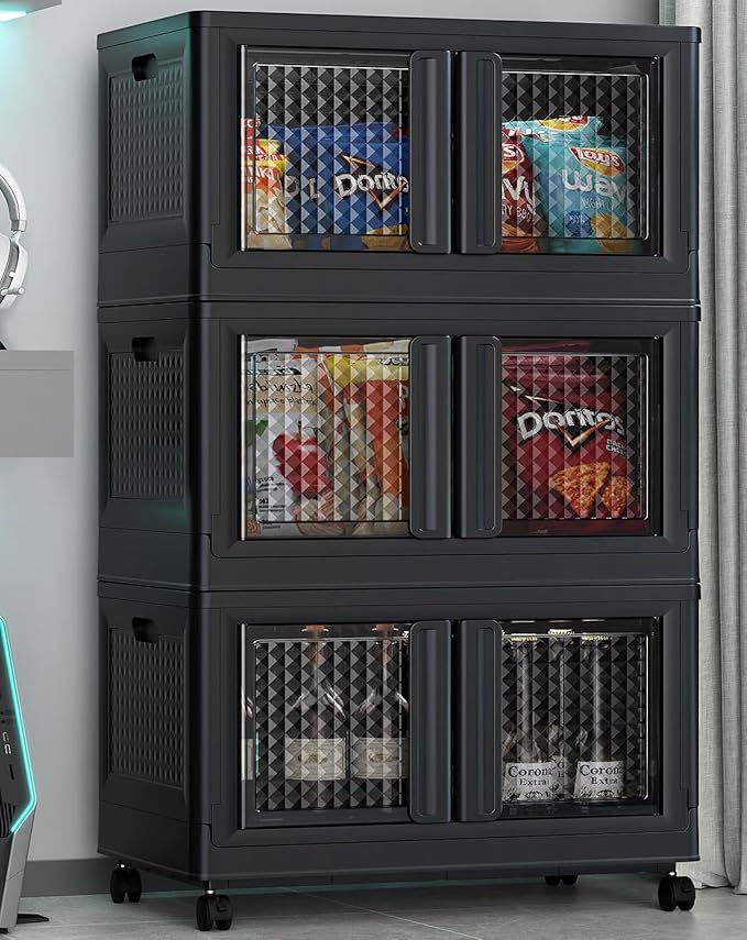 300Qt Stackable Storage Bins with Lids, 75Gal Closet Organizers and Storage Drawer, Plastic Collapsible Storage Bins with Doors, Heavy Duty Store Box Cabinet for Home Office, 3Pack Black