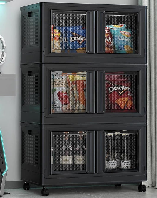 300Qt Stackable Storage Bins with Lids, 75Gal Closet Organizers and Storage Drawer, Plastic Collapsible Storage Bins with Doors, Heavy Duty Store Box Cabinet for Home Office, 3Pack Black