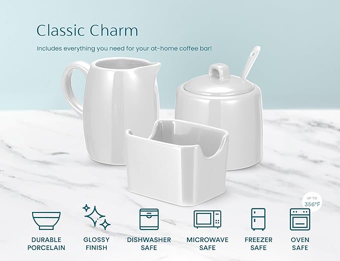 KooK Sugar and Creamer Set, 3 Piece, Pitcher, Sugar Bowl with Lid and Spoon, Sweetener Holder (White)