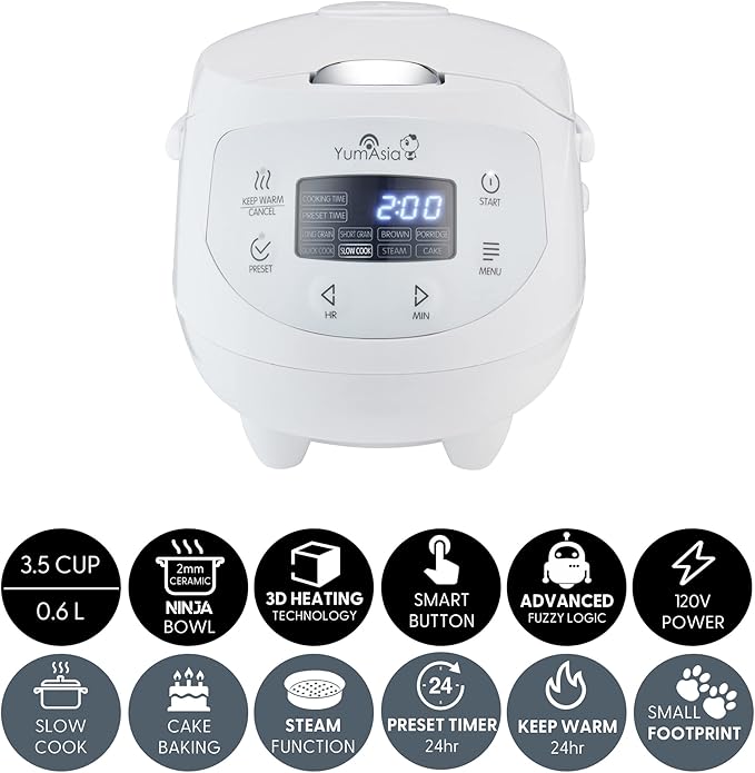 Yum Asia Panda Mini Rice Cooker With Ninja Ceramic Bowl and Advanced Fuzzy Logic (3.5 cup, 0.63 litre) 4 Rice Cooking Functions, 4 Multicooker functions, Digital LED display - 120V