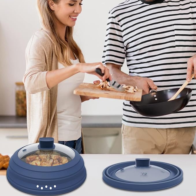 Microwave Splatter Cover Glass Cover Guard Lid with Collapsible Silicone for Food Pot Plate Cover 11.8 inch Dark Blue