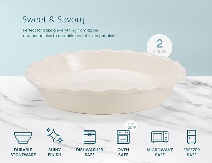 KooK Pie Pan, Ceramic Reusable Round Pie Dish, Quiche Baking Dish, Deep, Wave Edge, For Cakes, Tart, Casseroles, Tarts, Microwave, Oven and Dishwasher Safe, 9-Inch, 36 oz, Set of 2, Ivory