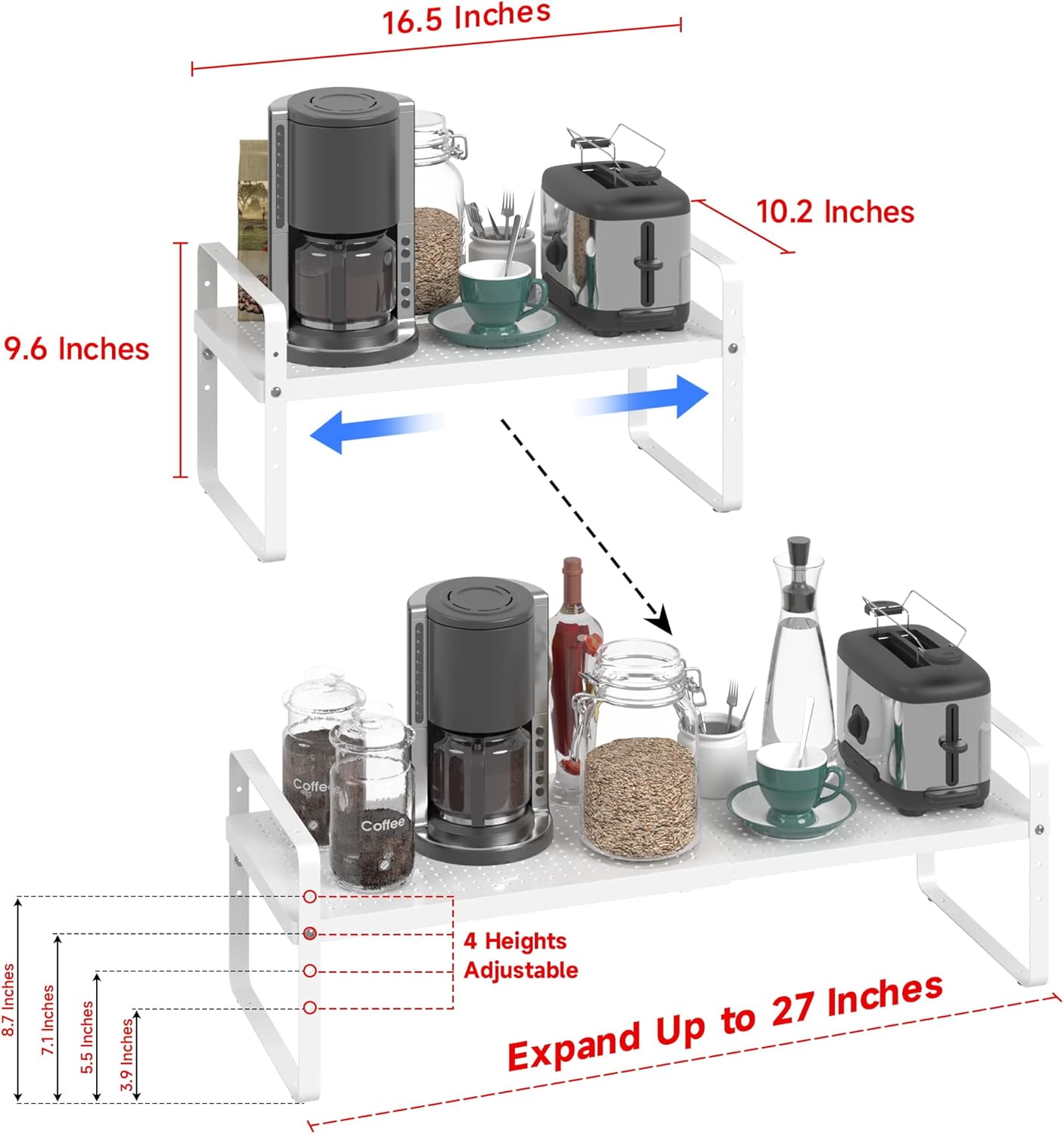 Expandable Cabinet Shelf Organizer Adjustable Metal Spice Rack Stackable Freestanding Counter Storage Shelves for Kitchen Cabinet Under Sink Office Desk (White - 2Pack - L16.5-27'' * W10.2'' * H9.6'')