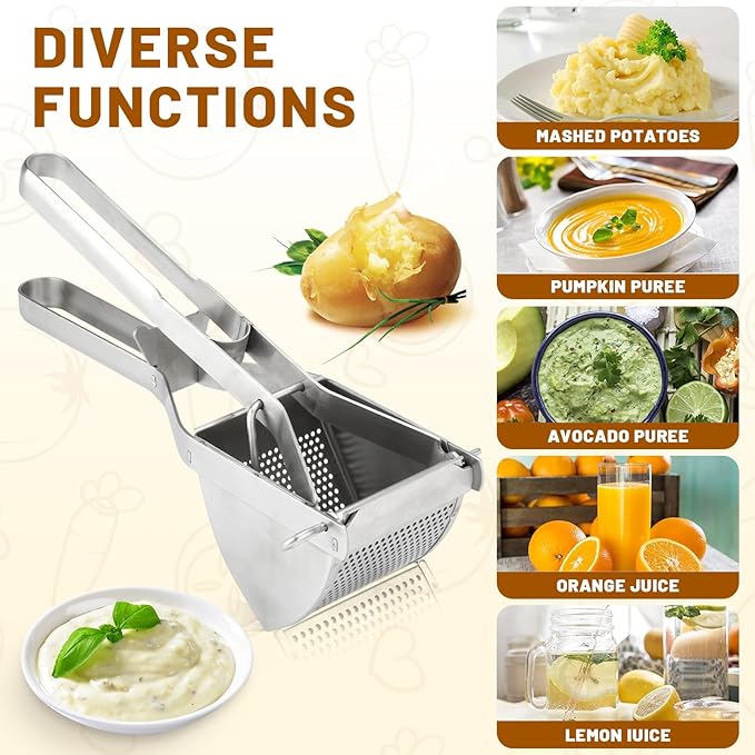 Potato Ricer, Heavy Duty Stainless Steel Professional Ricer for Mashed Potatoes and Ricer Kitchen Tool, Mash Potato Masher for Creamy Mashed Potatoes (Silver)