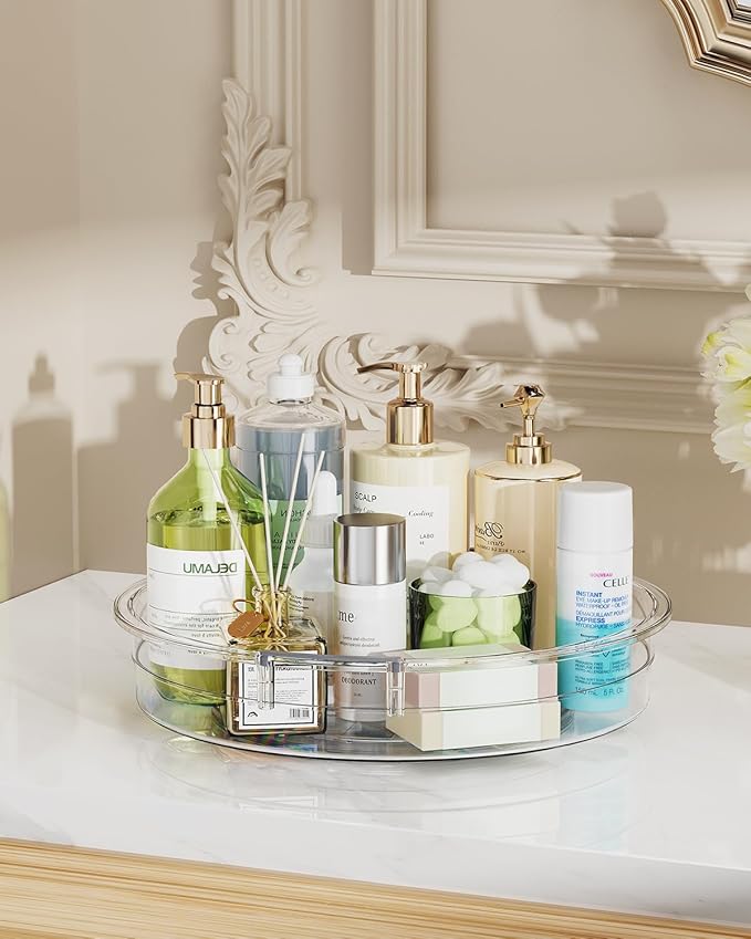 LAMU 2 Pack 12 Inch Lazy Susan Organizer Turntable for Cabinet, with High Edges to Prevent Falling, Large Clear Lazy Susan for Kitchen, Pantry, Refrigerator, Countertop, Table, Bathroom