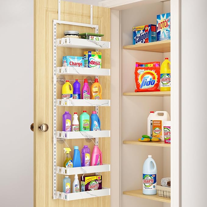 bukfen Over the Door Pantry Organizer, 6-Tier Adjustable Basket Kitchen Pantry Door Organization and Storage, Heavy-Duty Metal Hanging Kitchen Spice Rack,D6.3 x W17.32 x H50.60 inch,White Marble Color