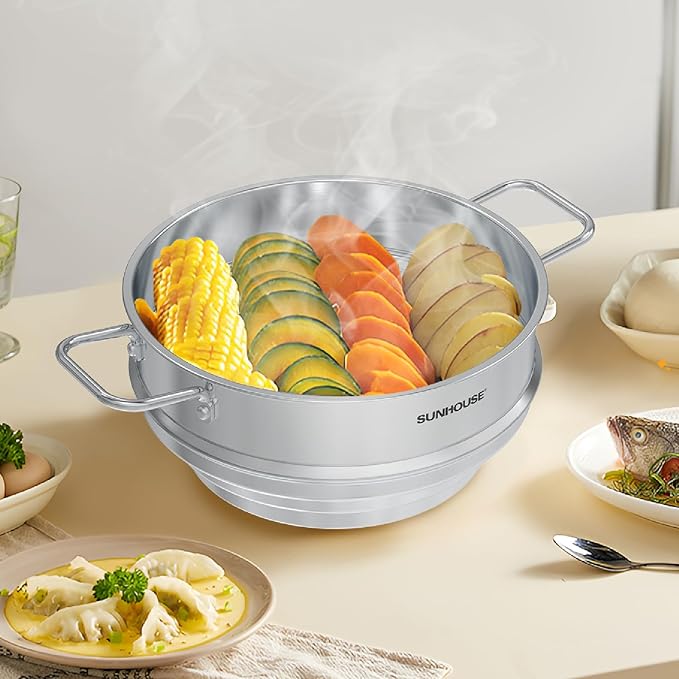 SUNHOUSE 5 Quart Stainless Steel Steamer Insert – Multi-Purpose Soup & Food Steamer with Stay-Cool Handles & Heavy-Duty Glass Lid – Fits Various Pot Sizes (8", 9", 9.5")