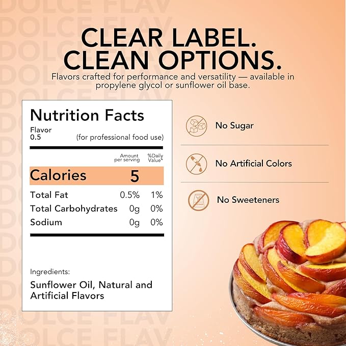 Dolce Flav Peach Extract (Oil-Soluble) 8 oz – Kosher, Sugar-Free, Concentrated Juicy Peach Flavoring for Baking, Chocolates & Desserts, Includes Measured Dropper