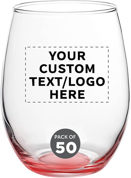 Custom Stemless Wine Glasses in Bulk by ARC Perfection, 15 oz, 50 pack, Personalized Text, Logo, Red or White Wine Glass Set, Red