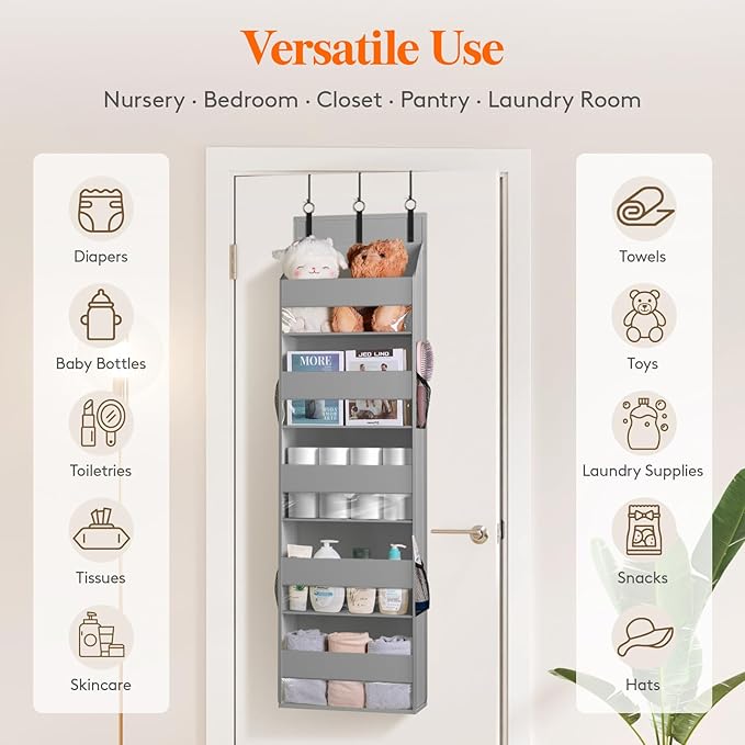 Lifewit 1 Pack Over the Door Organizer, 5 Shelf Clear Window Hanging Storage with 4 Mesh Side Pockets, Anti Tilt 40lbs Load Behind Door for Pantry, Nursery, Bathroom, Bedroom, Kitchen, Dorm,Light Grey