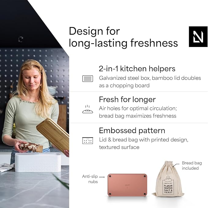 LARS NYSØM Bread Box I Metal Box with linen bag for long lasting freshness I Bread Bin with bamboo lid usable as cutting board I 13.4x7.3x5.3In (Brick Red)