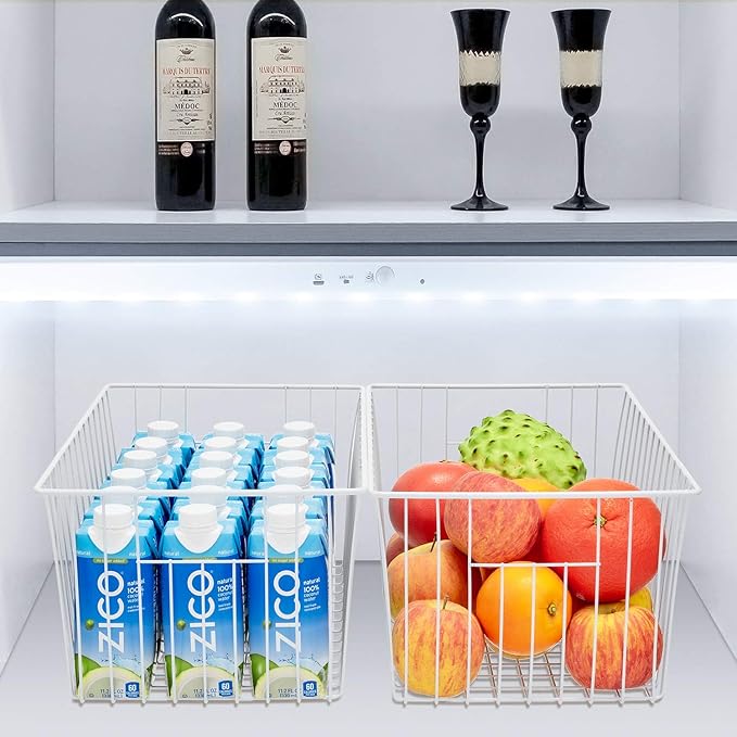16Lx12Wx6H inch Wider Freezer Organizer Baskets Container, Refrigerator Metal Wire Storage Bins with Handles for Kitchen, Pantry, Cabinet, Closets - Pearl White（4 Packs
