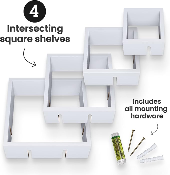 Greenco 4 Cube Intersecting Shelves, Easy-to-Assemble Floating Wall Mount Shelves for Bedrooms and Living Rooms, Rustic White Finish