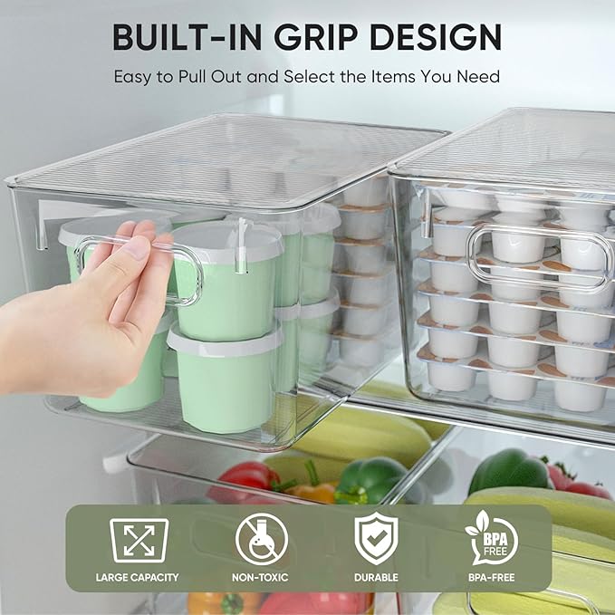 BALEINE Clear Stackable Storage Bins with Lids, Plastic Containers with Handle for Pantry Organizers and Storage, Plastic Bins for Fridge, Kitchen, Bathroom, Cabinet (10x6x5, 6PK)