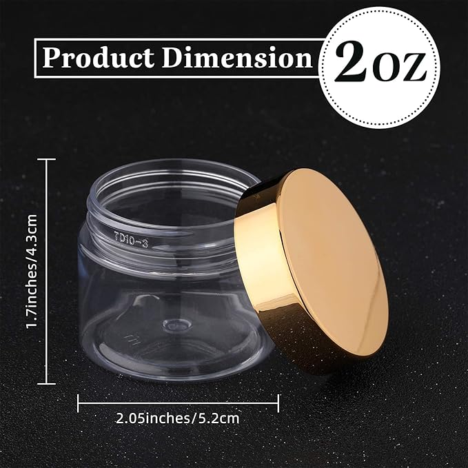 SATINIOR 6 Pack 2 oz Plastic Jars Containers with Lids Wide-mouth Refillable Leakproof Reusable Round Empty Jars for Travel Cosmetic Dry Food Spice Candy Cookie Home Kitchen Organizing(Gold)