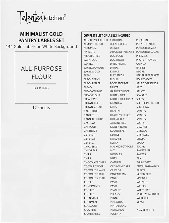 Talented Kitchen Labels for Storage Bins & Food Containers - 2.5 x 2.5-Inch Matte White Vinyl Squares - Metallic Gold Text Peel & Stick - Water-Resistant for Jars & Pantry Organization